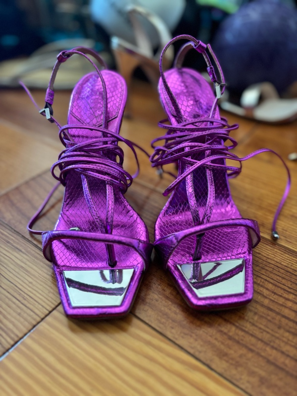 NWOB SCHUTZ Metallic Purple Lace-Up Stiletto Sandal - Picture 4 of 7